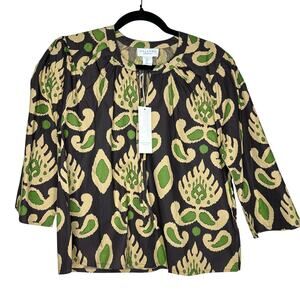 Calypso St Barth Brown Green Tropical Ikat Print Blouse Tie Neck Size Medium